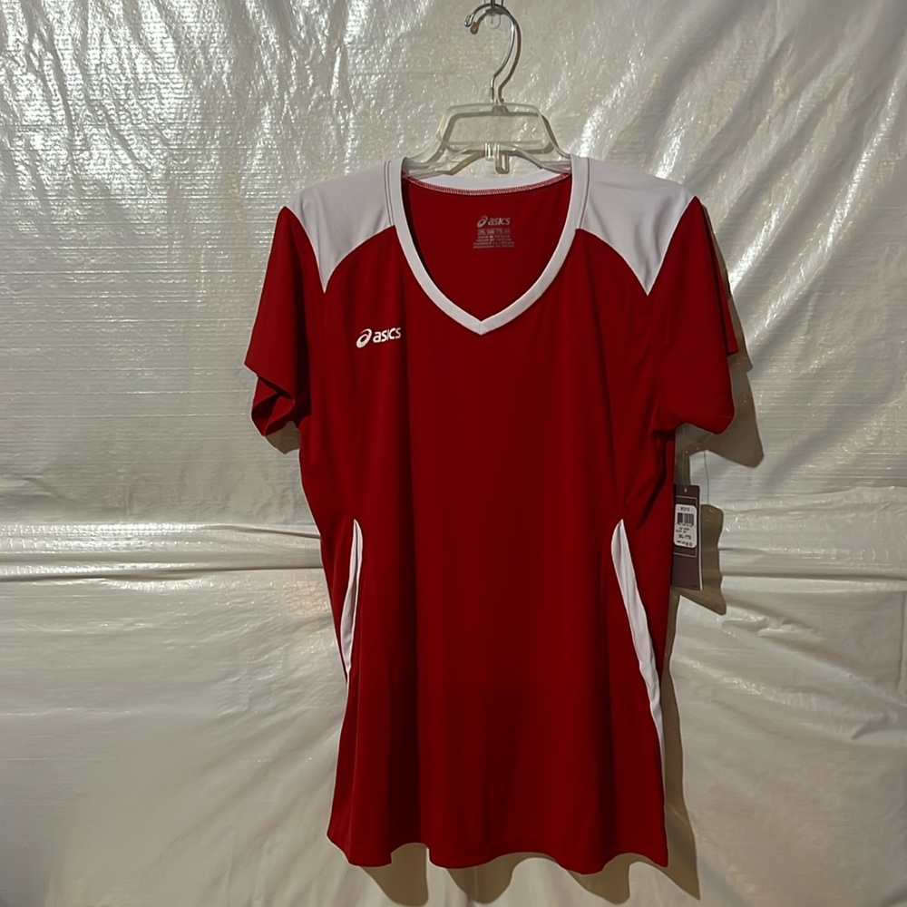 NWT ASICS red and white short sleeve athletic top